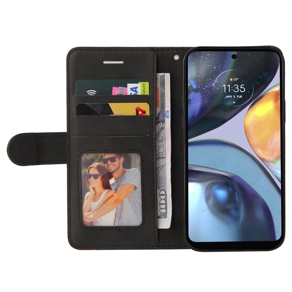 For Motorola Moto G22 Wallet Style Dual-color Splicing PU Leather Wear-resistant Cell Phone Case Stand Cover with Strap - Black-2