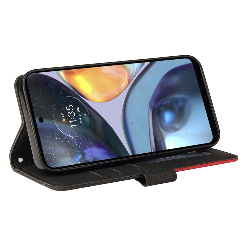 For Motorola Moto G22 Wallet Style Dual-color Splicing PU Leather Wear-resistant Cell Phone Case Stand Cover with Strap - Black-3