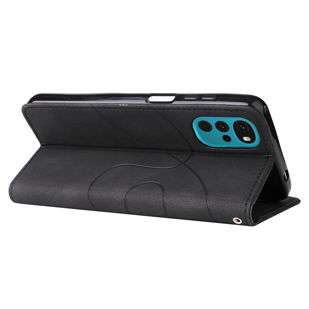For Motorola Moto G22 Wallet Style Dual-color Splicing PU Leather Wear-resistant Cell Phone Case Stand Cover with Strap - Black-4