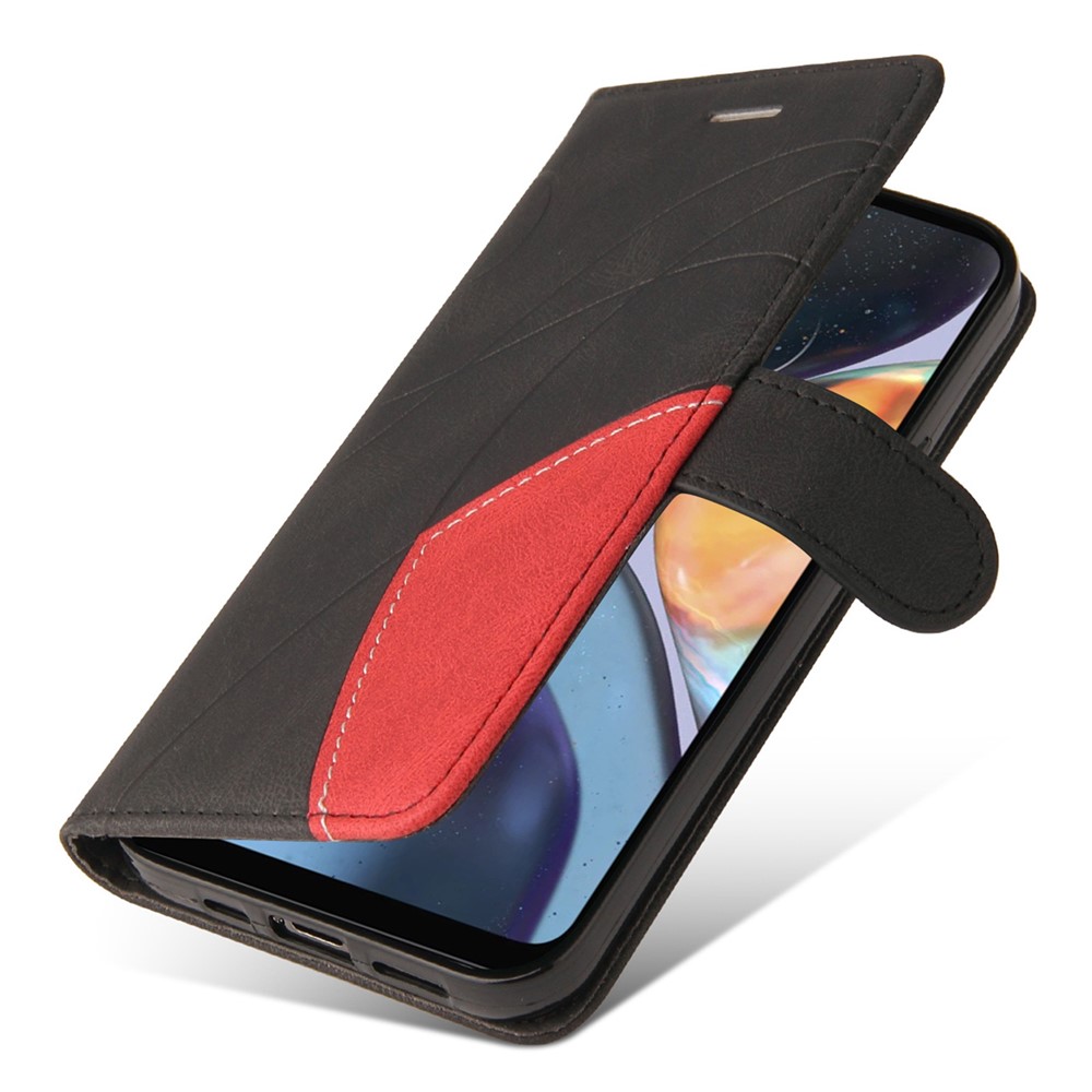 For Motorola Moto G22 Wallet Style Dual-color Splicing PU Leather Wear-resistant Cell Phone Case Stand Cover with Strap - Black-5