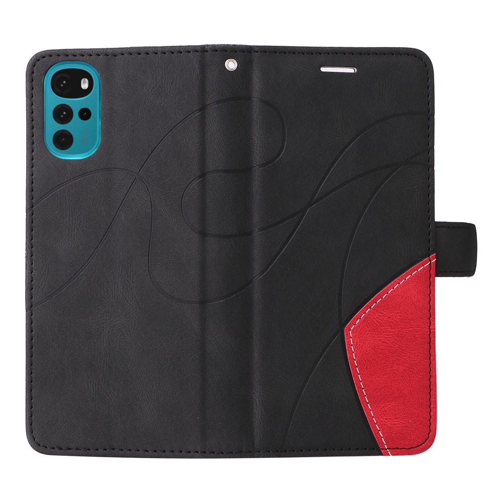 For Motorola Moto G22 Wallet Style Dual-color Splicing PU Leather Wear-resistant Cell Phone Case Stand Cover with Strap - Black-6