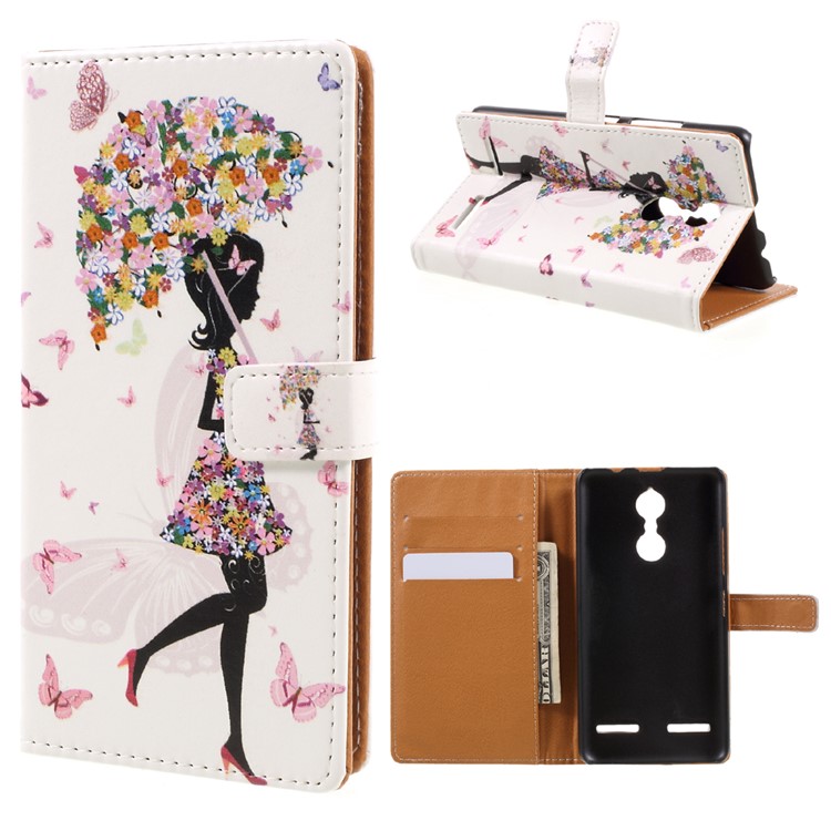 Printing Pattern Leather Flip Case for Lenovo K6 - Flowered Girl Holding Umbrella-1