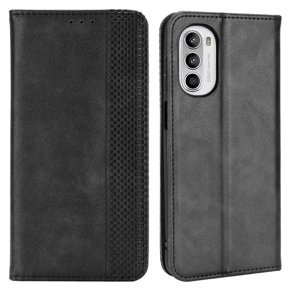 For Motorola Moto G52 4G/G82 5G Vintage PU Leather Magnetic Auto-absorbed Flip Cover Wallet Stand Full Body Protective Phone Case - Black-1