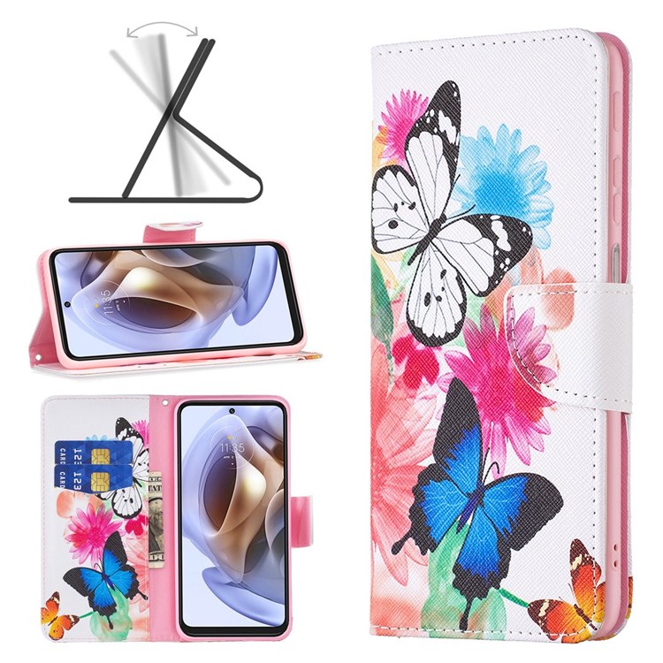 Para Motorola Moto E32 4G BF Pattern Printing Series de Cuero-1 Magnetic Cuase de Teléfono Case de Teléfono Plegable PU Cuero Flip Cover Cover - Dos Mariposas-8