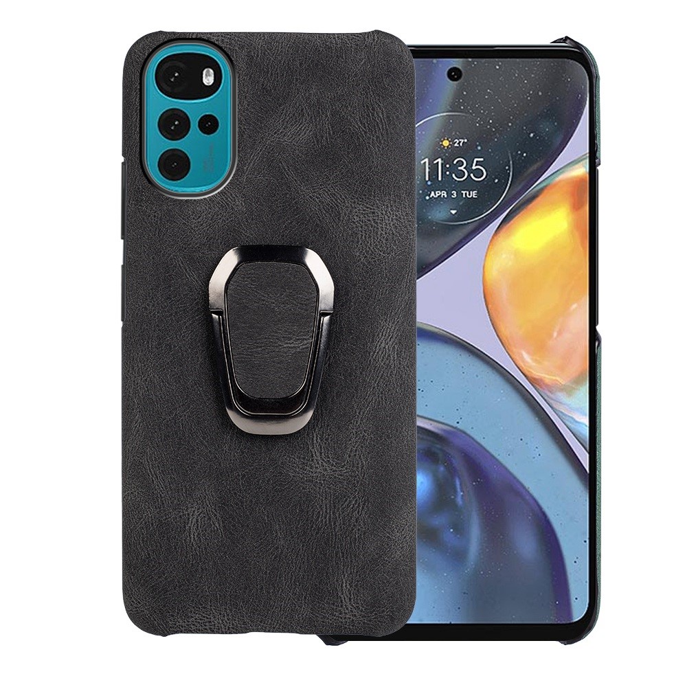 For Motorola Moto G22 4G Ring Holder Kickstand Case PU Leather Coated Hard PC Anti-Scratch Protective Phone Cover - Black-1
