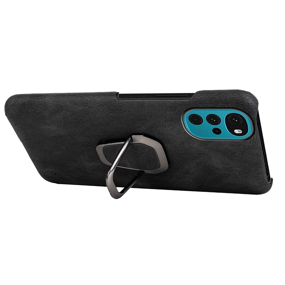 For Motorola Moto G22 4G Ring Holder Kickstand Case PU Leather Coated Hard PC Anti-Scratch Protective Phone Cover - Black-2