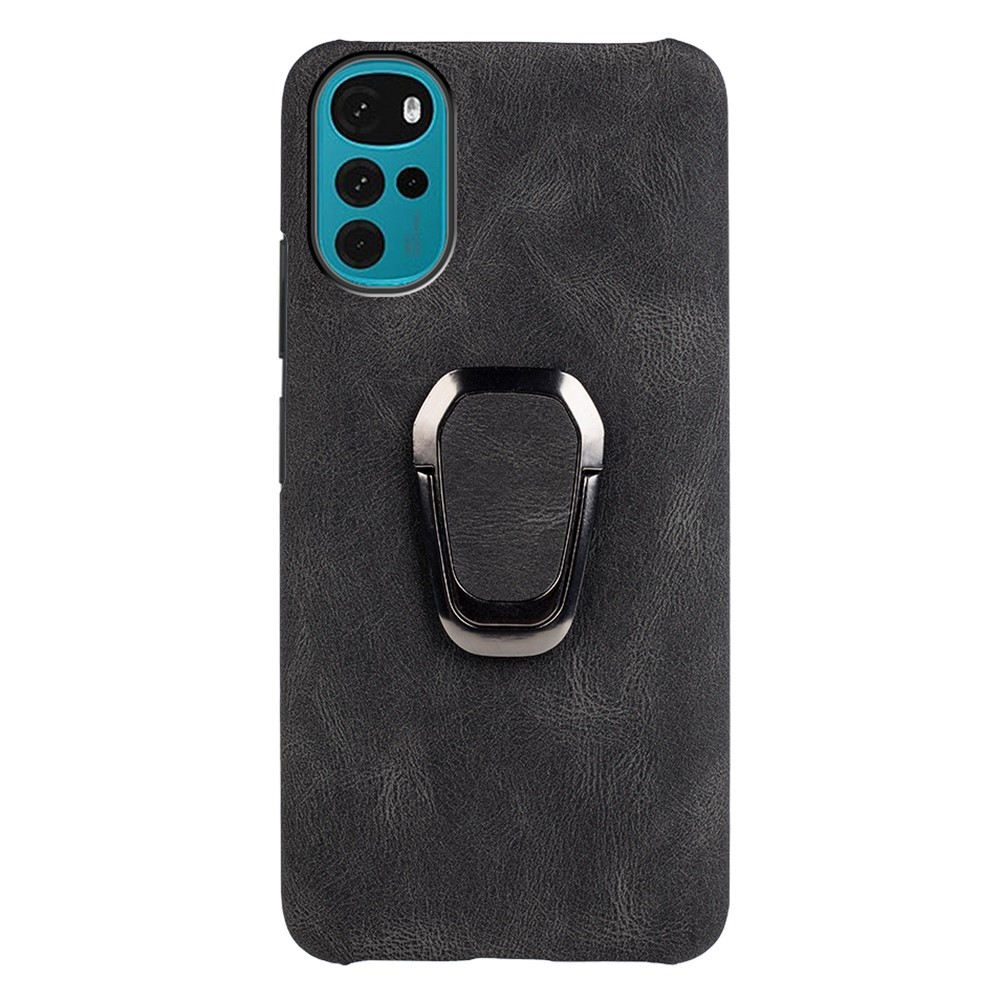 For Motorola Moto G22 4G Ring Holder Kickstand Case PU Leather Coated Hard PC Anti-Scratch Protective Phone Cover - Black-5