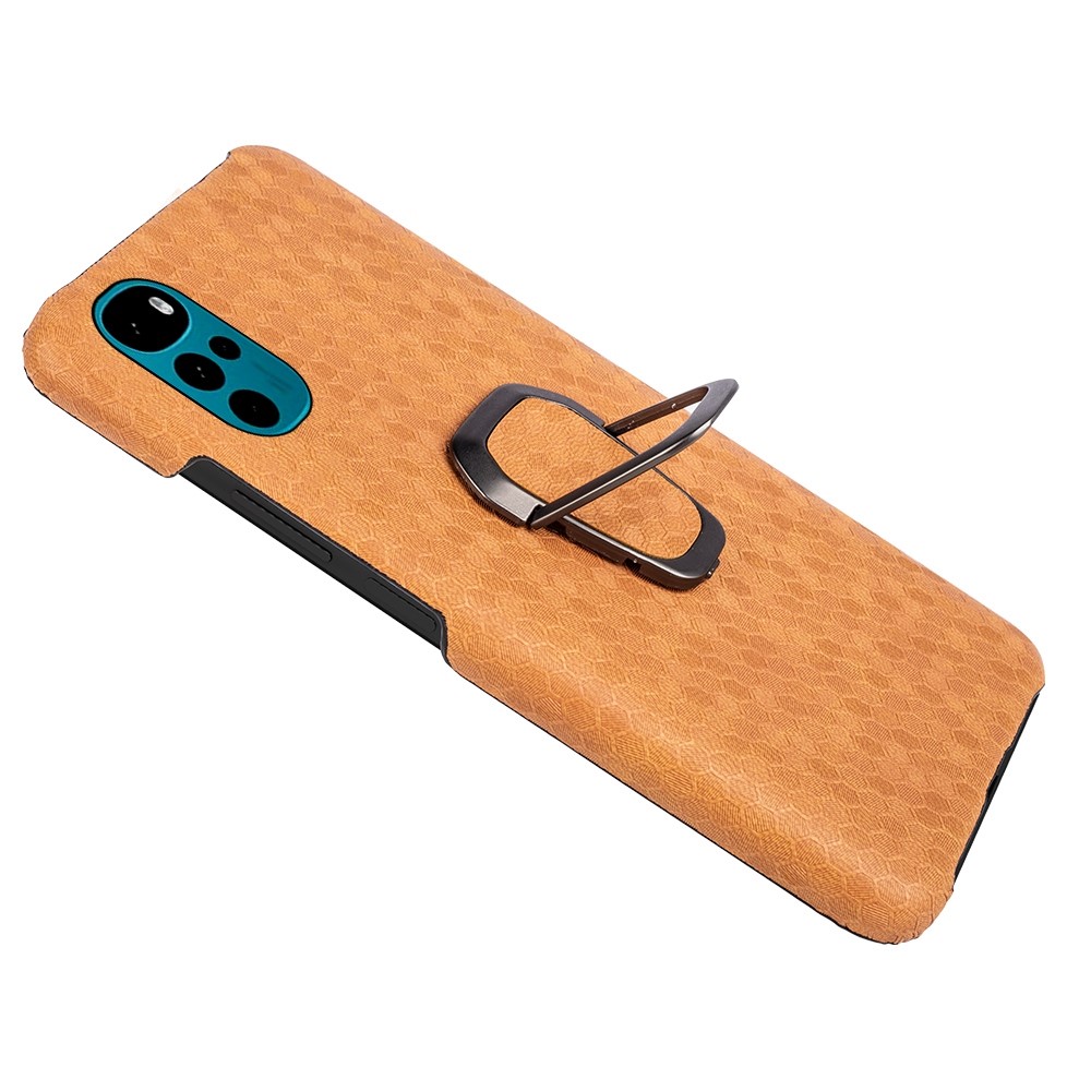 For Motorola Moto G22 4G PU Leather Coated Hard PC Shock Absorption Case Honeycomb Texture Design Ring Kickstand Back Cover - Orange-5