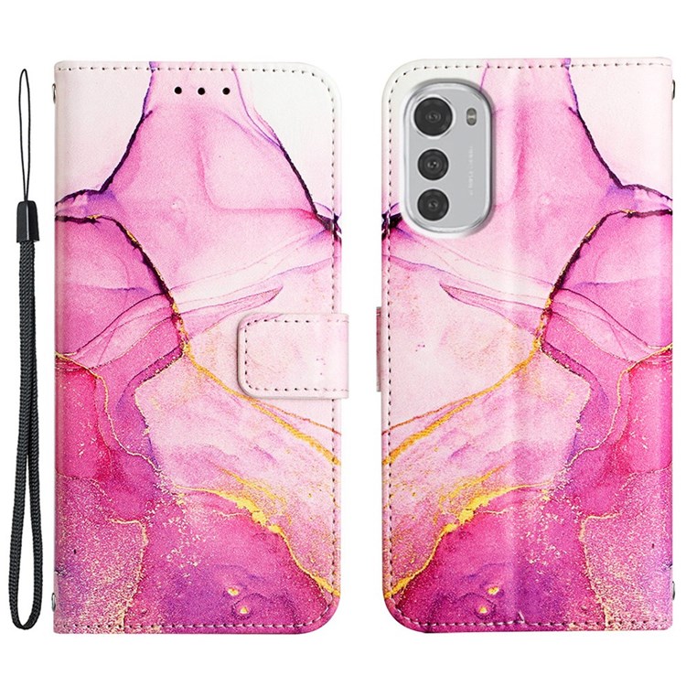 YB Pattern Printing Leather Series-5 for Motorola Moto E32 Stand Wallet Marble Pattern PU Leather Case Phone Cover with Strap - Pink/Purple/Gold 001-1