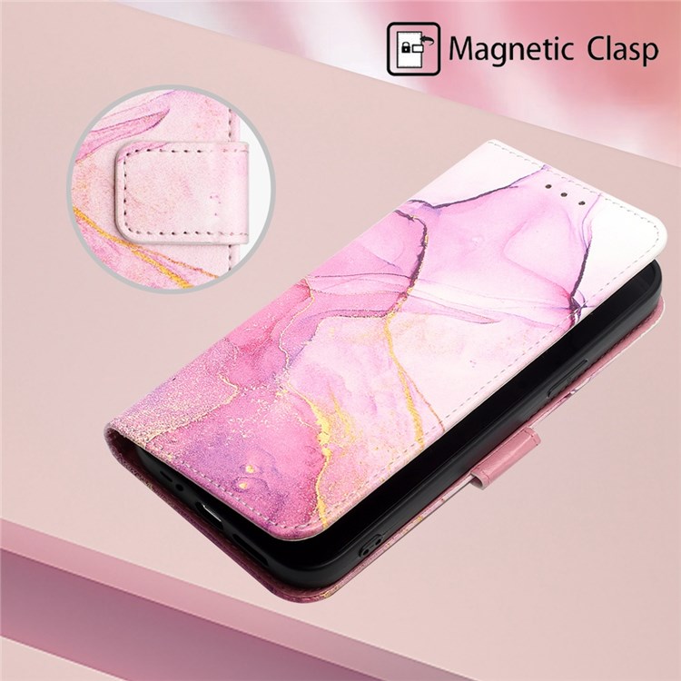 YB Pattern Printing Leather Series-5 for Motorola Moto E32 Stand Wallet Marble Pattern PU Leather Case Phone Cover with Strap - Pink/Purple/Gold 001-4