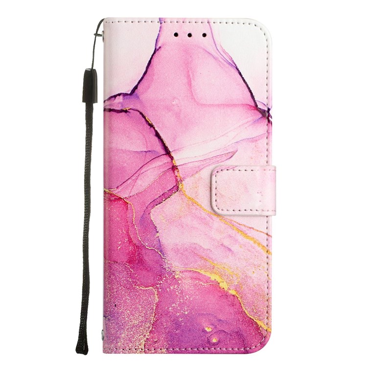 YB Pattern Printing Leather Series-5 for Motorola Moto E32 Stand Wallet Marble Pattern PU Leather Case Phone Cover with Strap - Pink/Purple/Gold 001-6