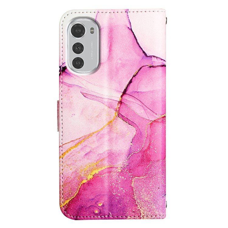 YB Pattern Printing Leather Series-5 for Motorola Moto E32 Stand Wallet Marble Pattern PU Leather Case Phone Cover with Strap - Pink/Purple/Gold 001-7