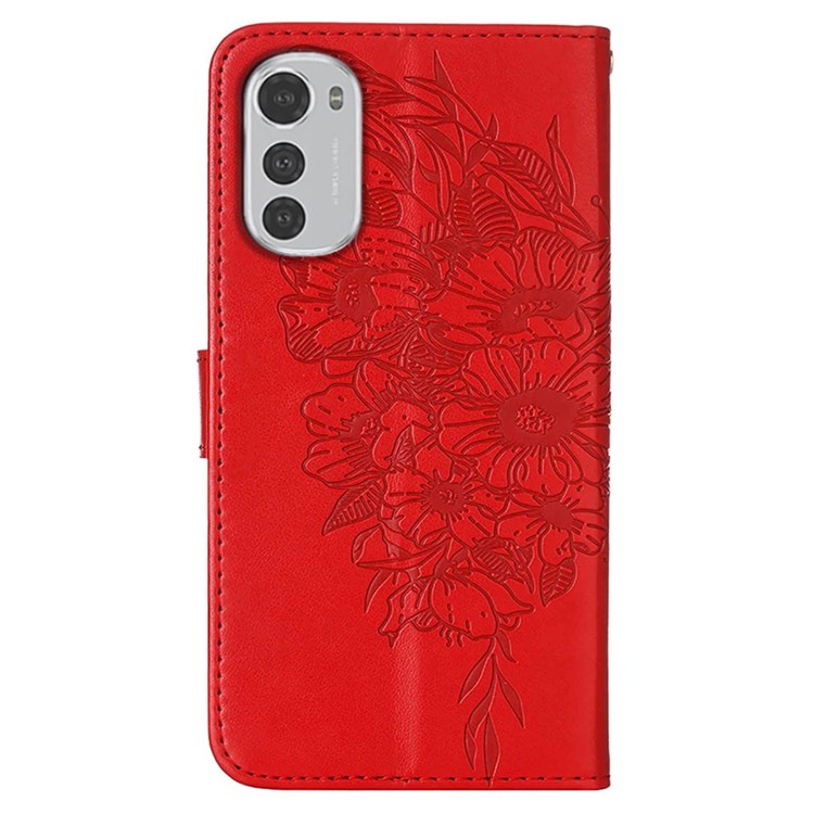 YB Sprudel Blumenserie-4 Für Motorola Moto E32 Schmetterlingsblume Eingeprägter PU Leder Magnetischer Flip Cover Ständer Handband Brieftasche Geldbörse Gehäuse - Rot