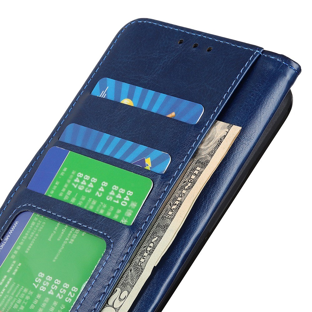 For Motorola Moto G42 4G Full Protection Crazy Horse Texture Phone Cover Wear-resistant PU Leather TPU Shockproof Phone Case with Wallet Stand - Blue-4