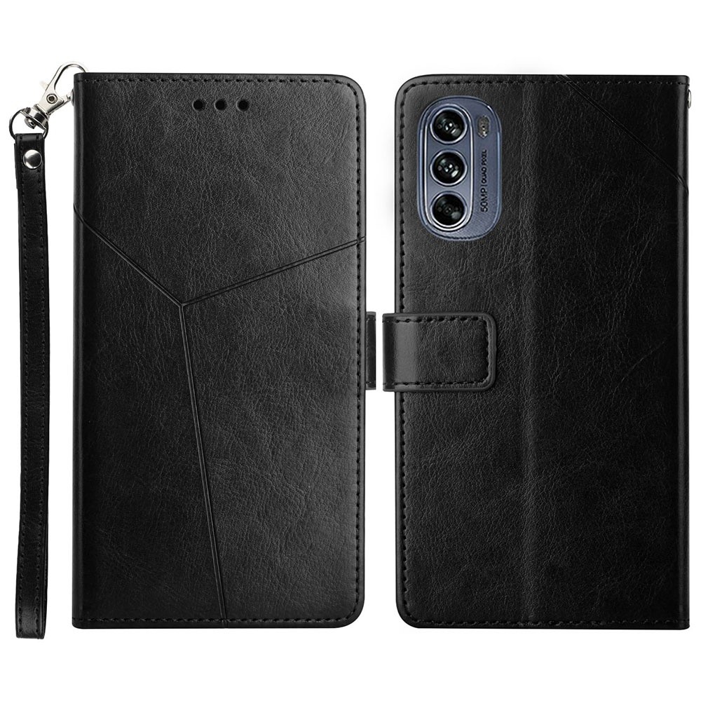 For Motorola Moto G62 5G HT01 Imprinted Y-Shaped Lines Full Protection PU Leather Flip Wallet Case Stand Shockproof Scratch Resistant Folio Cover with Strap - Black-1