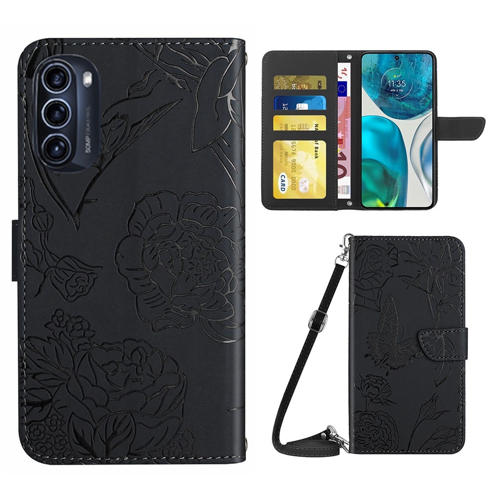 For Motorola Moto G52j 5G Shockproof PU Leather Stand Case Butterfly Flowers Pattern Imprinted Wallet Phone Cover with Shoulder Strap - Black-1