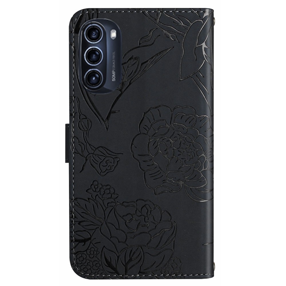 For Motorola Moto G52j 5G Shockproof PU Leather Stand Case Butterfly Flowers Pattern Imprinted Wallet Phone Cover with Shoulder Strap - Black-11