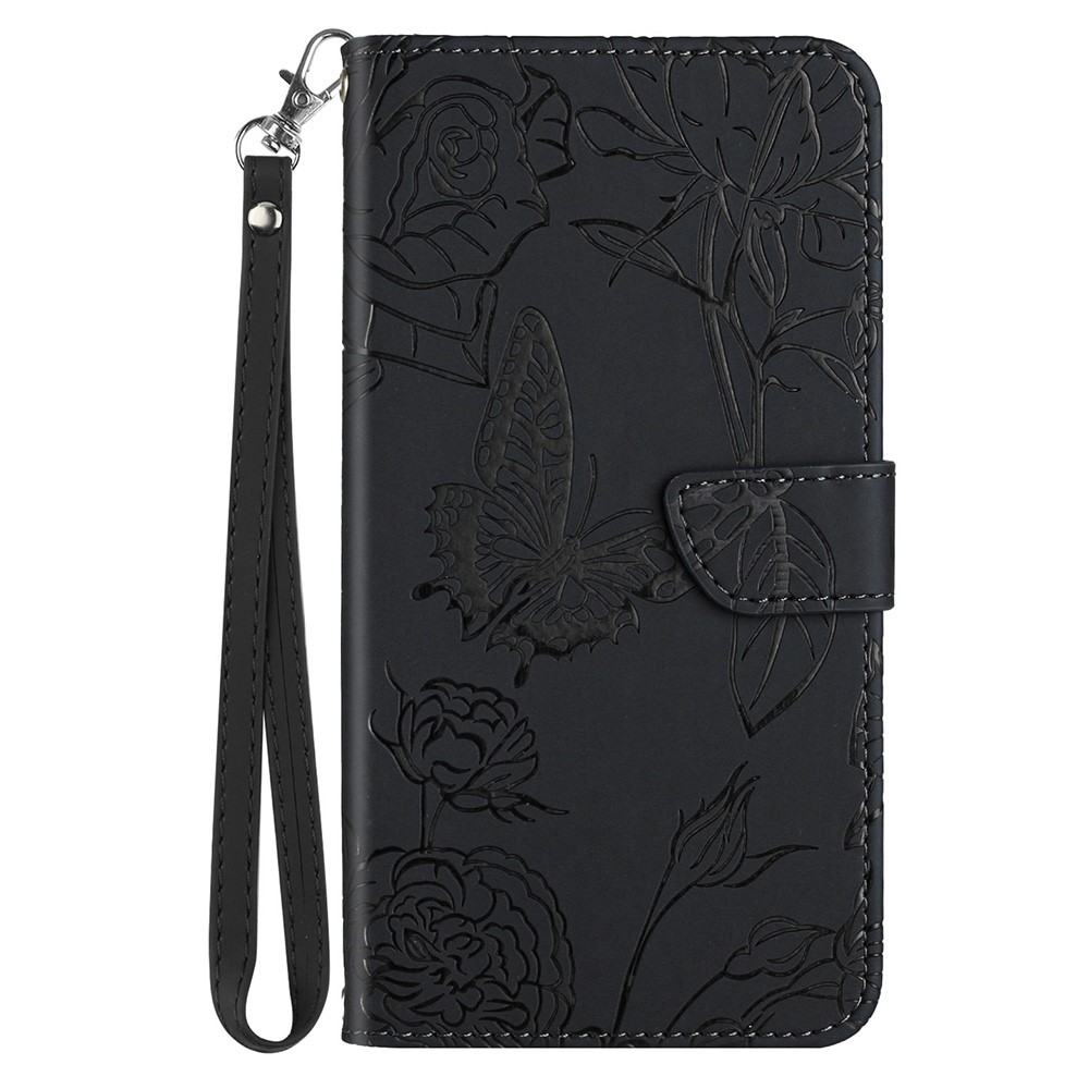 Anti-drop Leather Case for Motorola Moto G52j 5G Shockproof Flip Case Butterfly Flowers Imprinted Skin-touch Feeling Phone Cover Wallet Stand with Handy Strap - Black-8