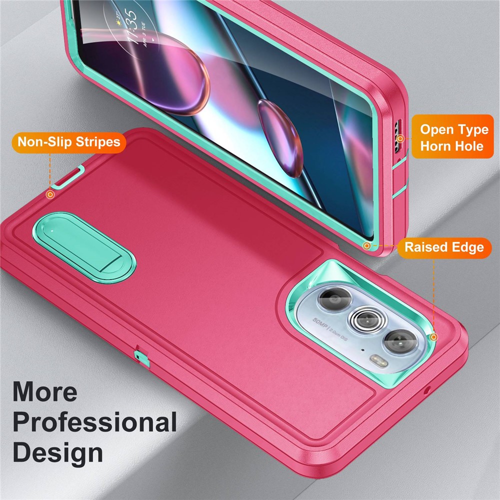 For Motorola Edge 30 Pro (Motorola Edge+ (2022)) Defender Series Hard PC + Soft TPU Kickstand Case Anti-drop Phone Cover - Rose/Light Cyan-2