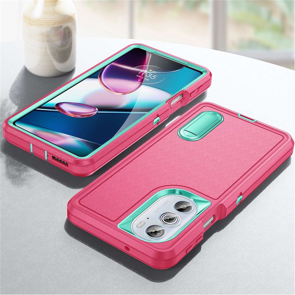 For Motorola Edge 30 Pro (Motorola Edge+ (2022)) Defender Series Hard PC + Soft TPU Kickstand Case Anti-drop Phone Cover - Rose/Light Cyan-7