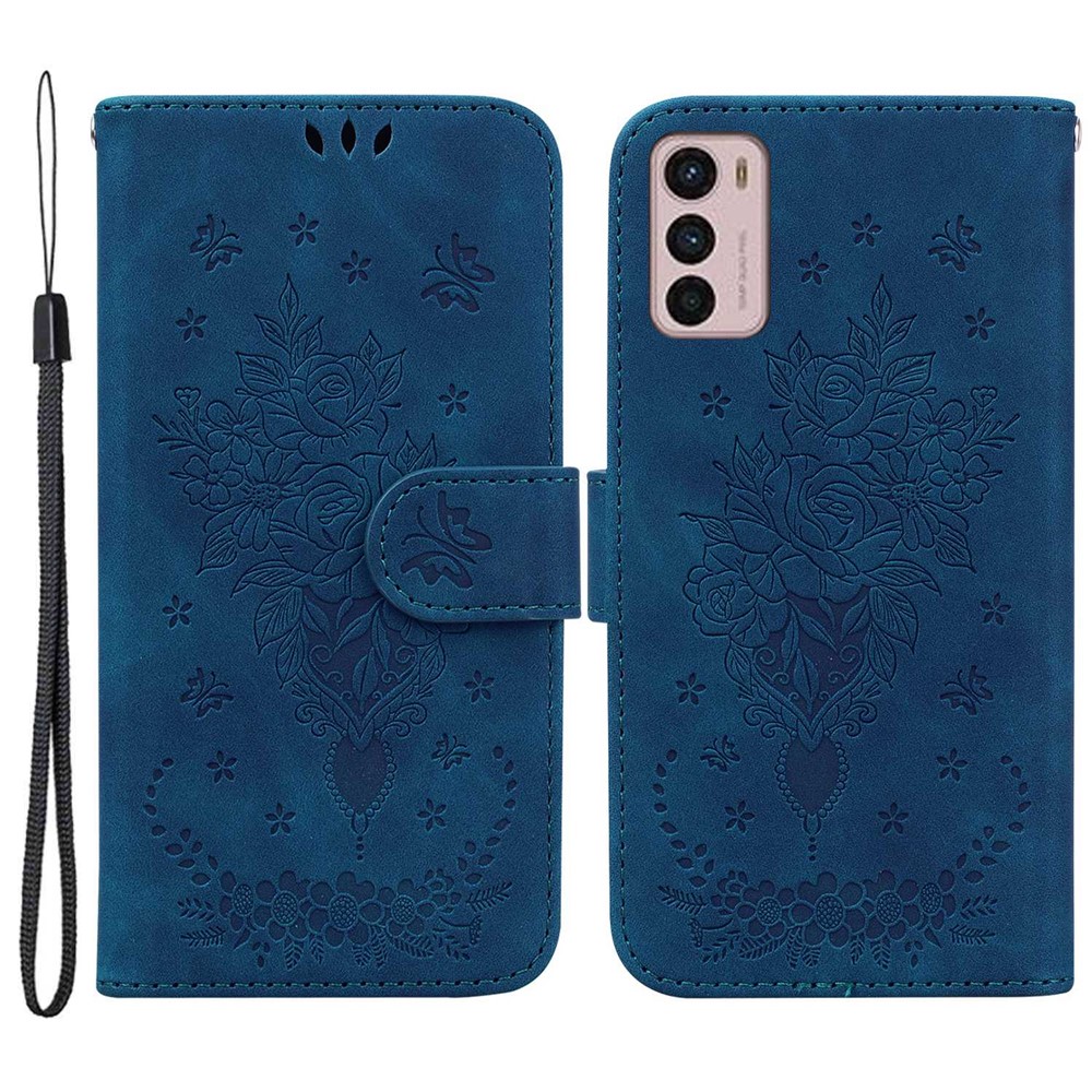 Imprinting Roses Butterflies Phone Case for Motorola Moto G42 4G, PU Leather Wallet Stand Anti-scratch Flip Folio Shell with Strap - Blue-1