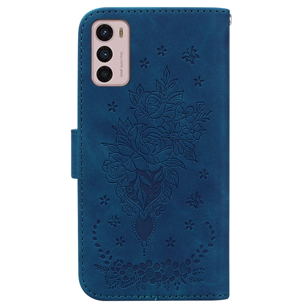 Imprinting Roses Butterflies Phone Case for Motorola Moto G42 4G, PU Leather Wallet Stand Anti-scratch Flip Folio Shell with Strap - Blue-8