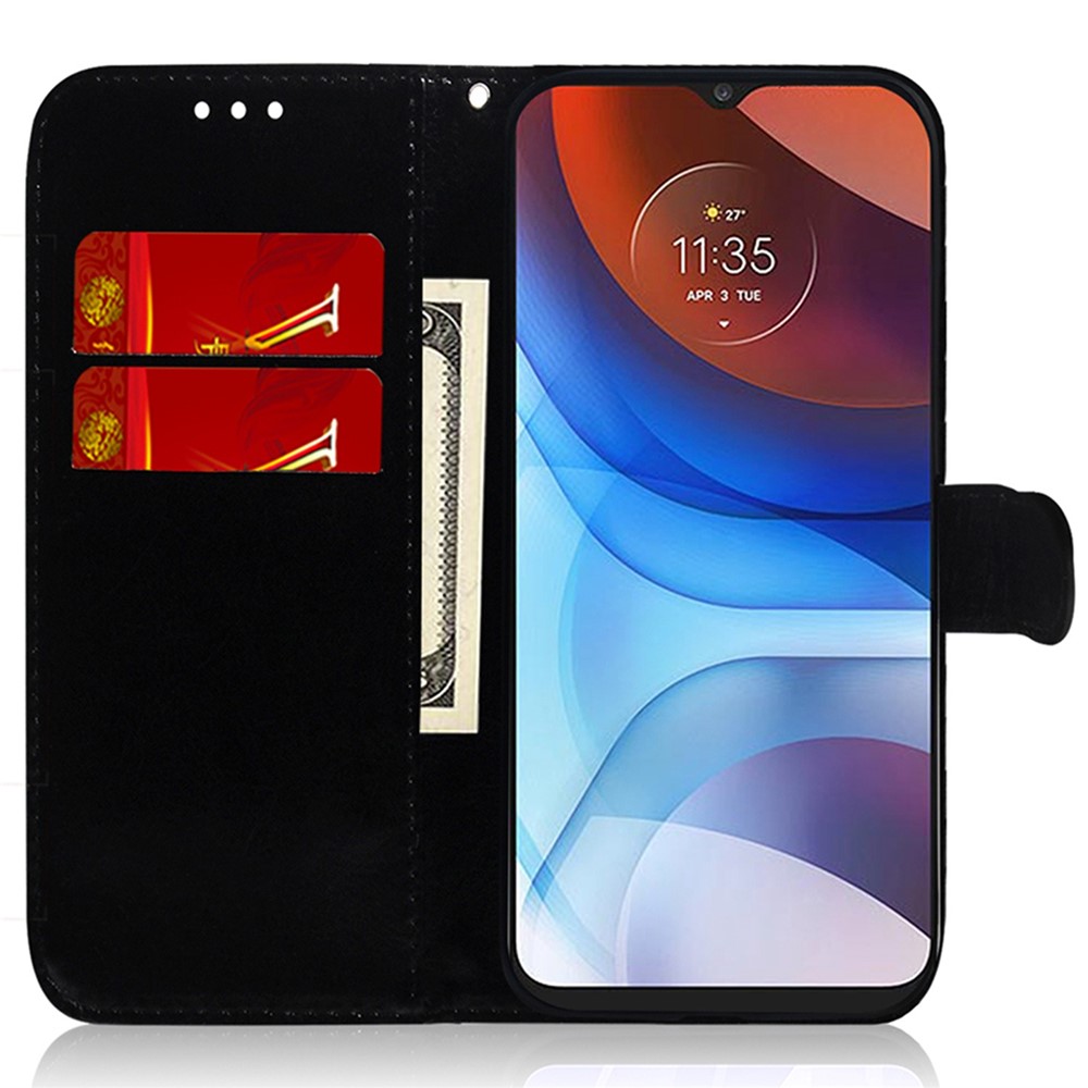 PU Leather Mirror-like Surface Phone Cover for Motorola Moto G42 4G, Stand Wallet Protective Case with Strap - Black-2