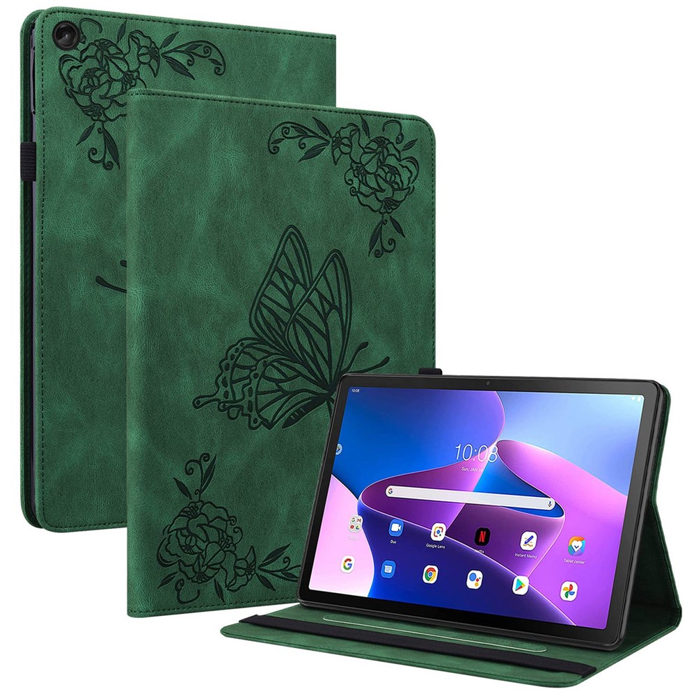 Butterfly Flower Imprinted Tablet Case for Lenovo Tab M10 (Gen 3), PU Leather Stand Card Holder Protective Cover - Green-1