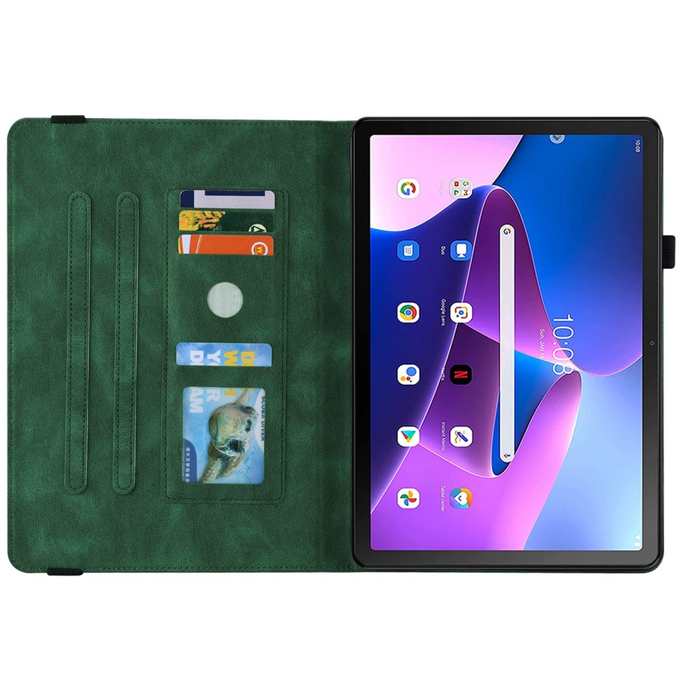 Butterfly Flower Imprinted Tablet Case for Lenovo Tab M10 (Gen 3), PU Leather Stand Card Holder Protective Cover - Green-2