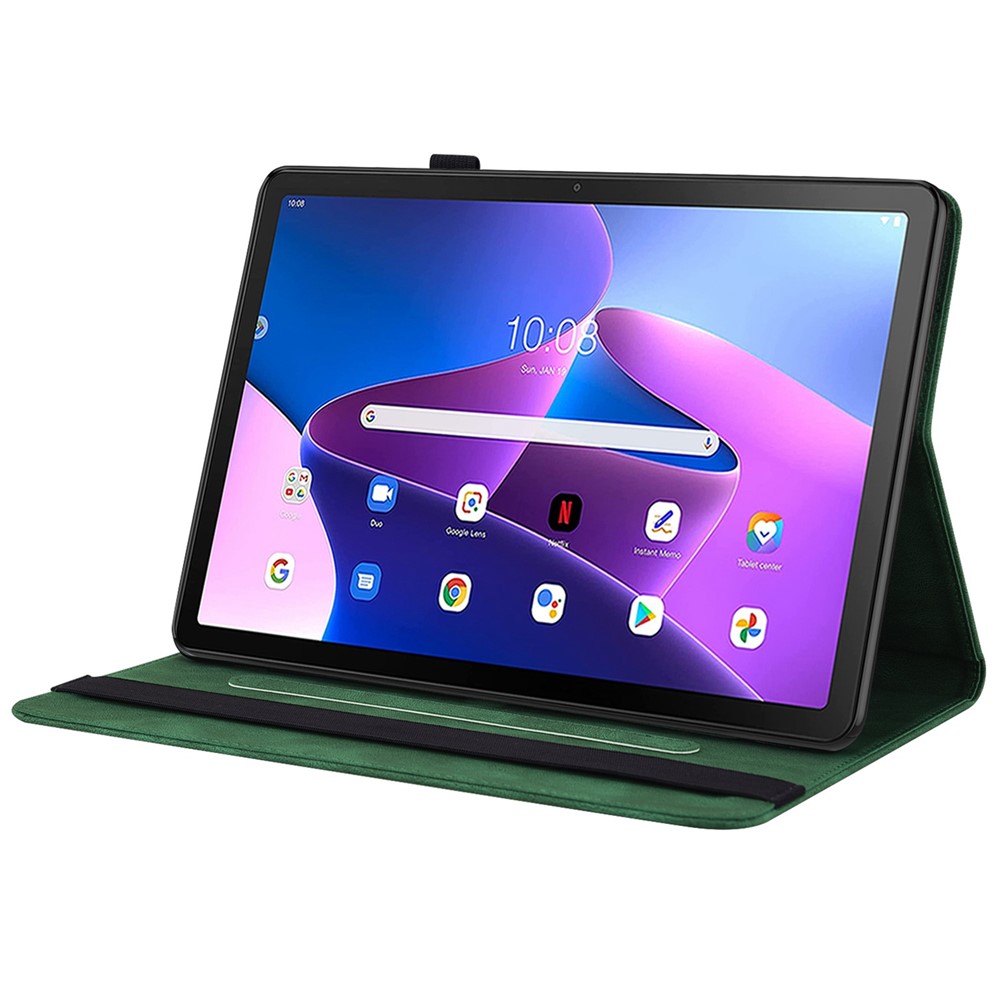 Butterfly Flower Imprinted Tablet Case for Lenovo Tab M10 (Gen 3), PU Leather Stand Card Holder Protective Cover - Green-3