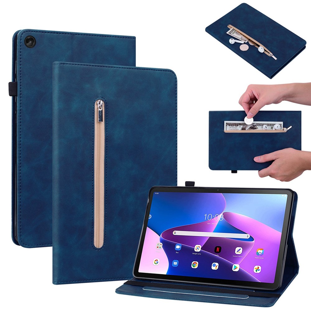 Zipper Pocket PU Leather Case for Lenovo Tab M10 (Gen 3), Solid Color Elastic Band Tablet Cover with Stand - Dark Blue-1