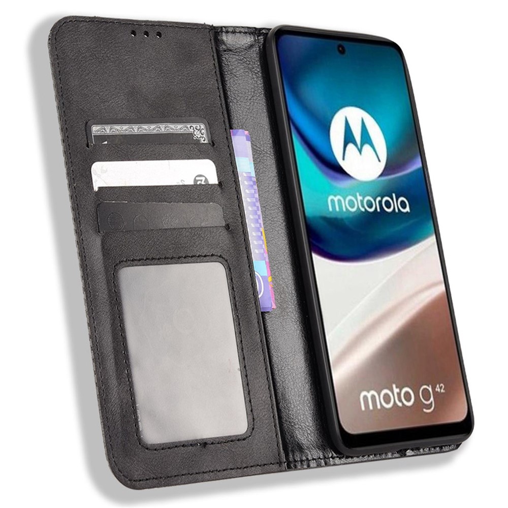 For Motorola Moto G42 4G Retro Texture Leather Phone Case Magnetic Closure Stand Wallet Flip Cover - Black-2
