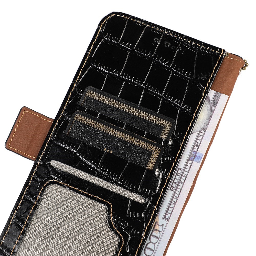 For Motorola Moto G42 4G Genuine Cowhide Leather Wallet Folio Case Crocodile Texture RFID Blocking Protection Double Magnetic Clasp Stand Cover - Black-6