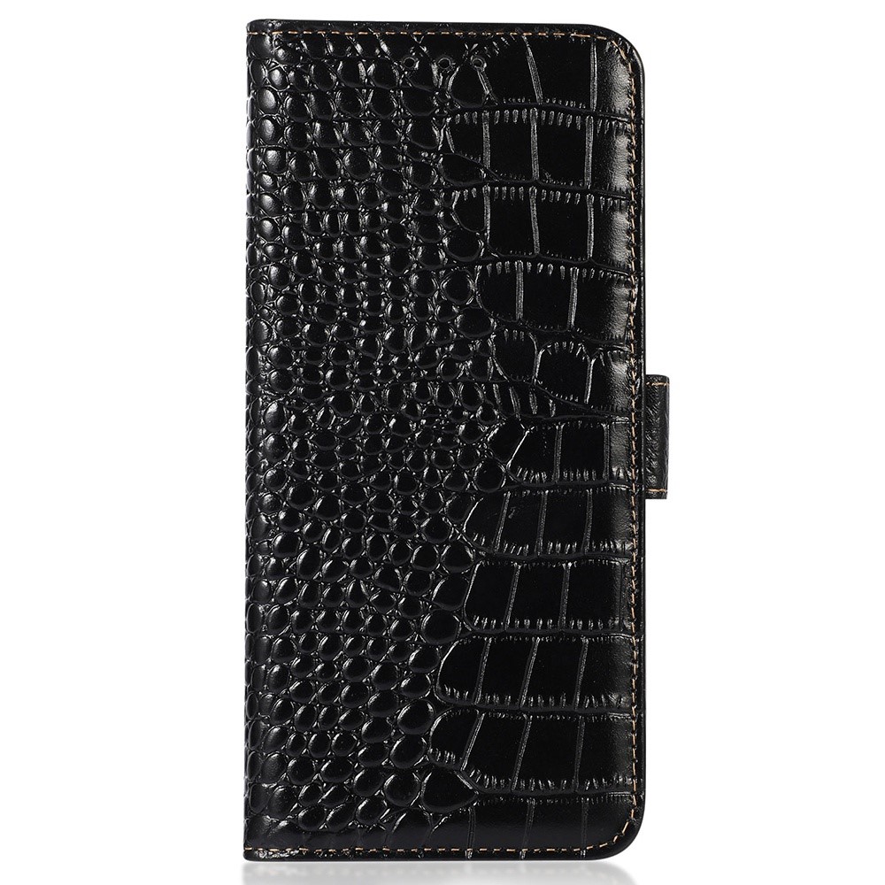 For Motorola Moto G42 4G Genuine Cowhide Leather Wallet Folio Case Crocodile Texture RFID Blocking Protection Double Magnetic Clasp Stand Cover - Black-7