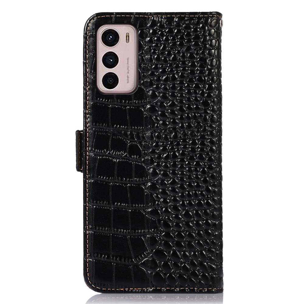 For Motorola Moto G42 4G Genuine Cowhide Leather Wallet Folio Case Crocodile Texture RFID Blocking Protection Double Magnetic Clasp Stand Cover - Black-8