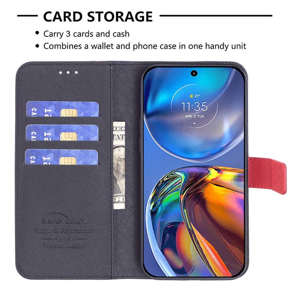 BINFEN COLOR for Motorola Moto G31 4G/G41 4G (Side Fingerprint Version) BF Leather Series-9 Wallet Case Style 13 Splicing Cross Texture PU Leather Stand Folio Flip Cover - Black-3