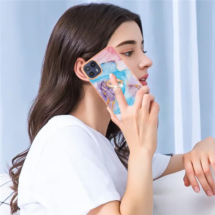 For Motorola Moto G50 5G YB IMD Series-6 Electroplating Marble Pattern Case Flexible TPU IMD Phone Cover with Ring Kickstand - Milky Way Marble Blue-4