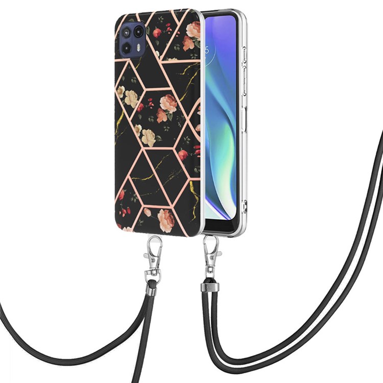 YB IMD Series-4 for Motorola Moto G50 5G Fall Resistant TPU Marble Style Phone Case Electroplating IMD IML Protective Cover with Lanyard - Black Flowers-1