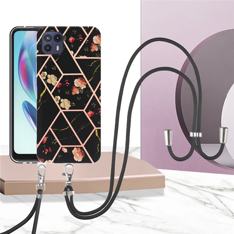 YB IMD Series-4 for Motorola Moto G50 5G Fall Resistant TPU Marble Style Phone Case Electroplating IMD IML Protective Cover with Lanyard - Black Flowers-2