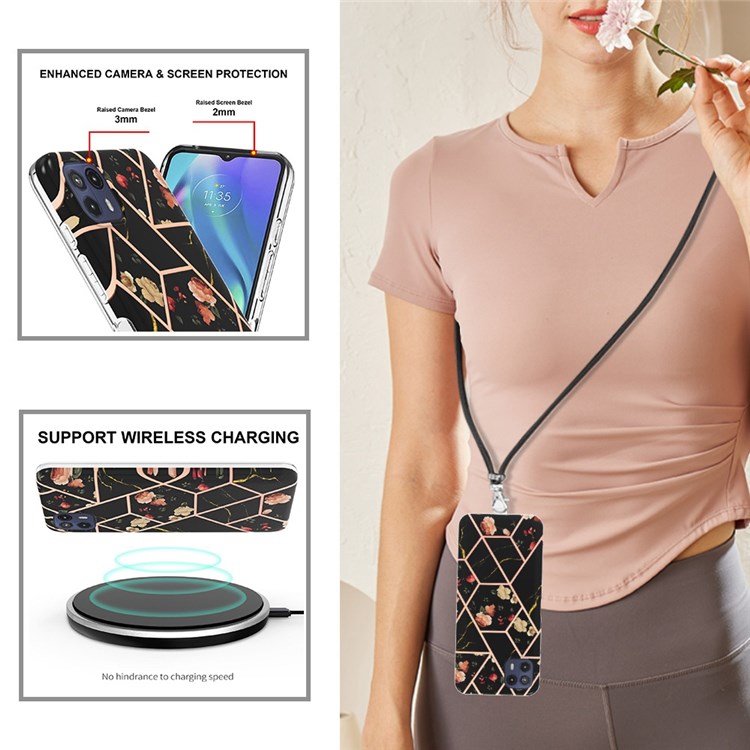YB IMD Series-4 for Motorola Moto G50 5G Fall Resistant TPU Marble Style Phone Case Electroplating IMD IML Protective Cover with Lanyard - Black Flowers-4