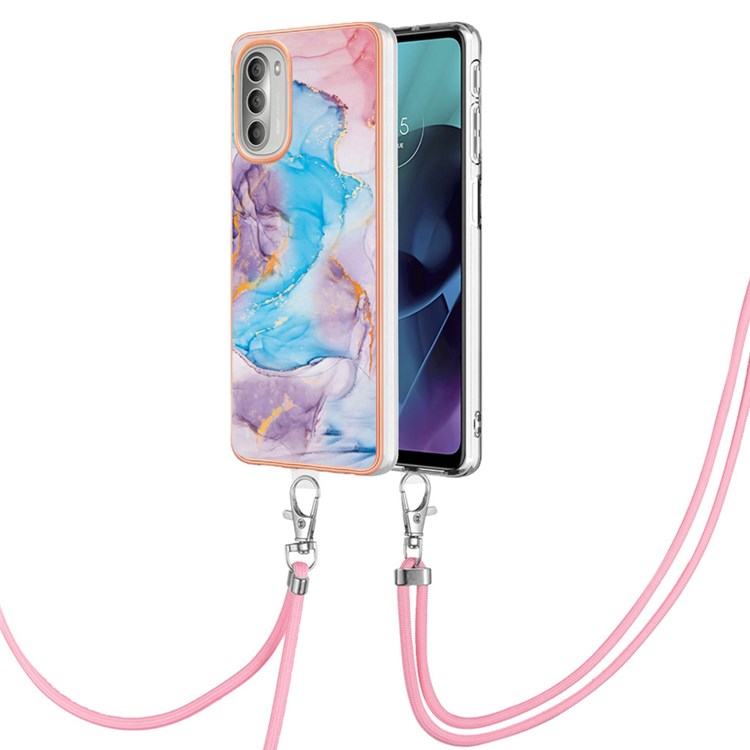 YB IMD Series-4 for Motorola Moto G51 5G Bump Proof TPU Marble Style Phone Case Electroplating IMD IML Protective Cover with Lanyard - Milky Way Marble Blue-1