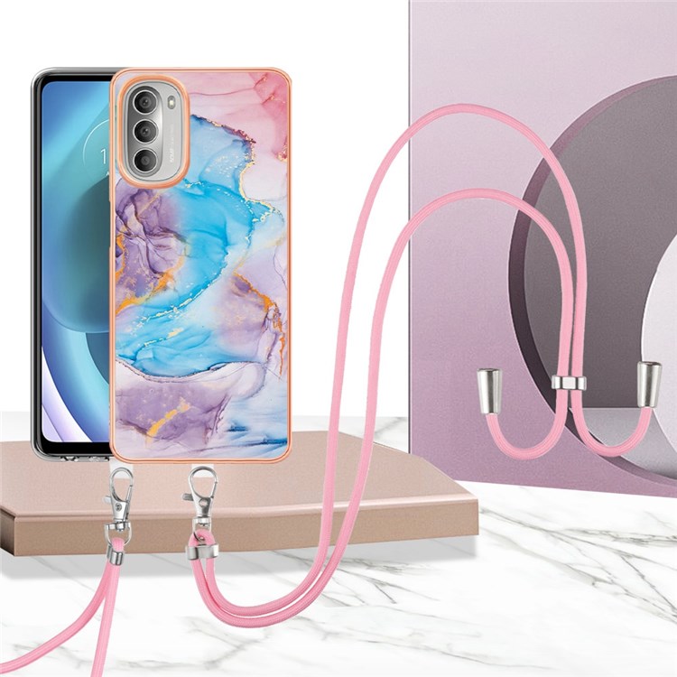 YB IMD Series-4 for Motorola Moto G51 5G Bump Proof TPU Marble Style Phone Case Electroplating IMD IML Protective Cover with Lanyard - Milky Way Marble Blue-2