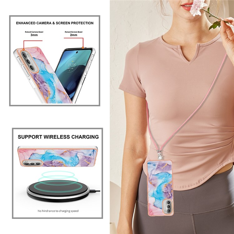 YB IMD Series-4 for Motorola Moto G51 5G Bump Proof TPU Marble Style Phone Case Electroplating IMD IML Protective Cover with Lanyard - Milky Way Marble Blue-4