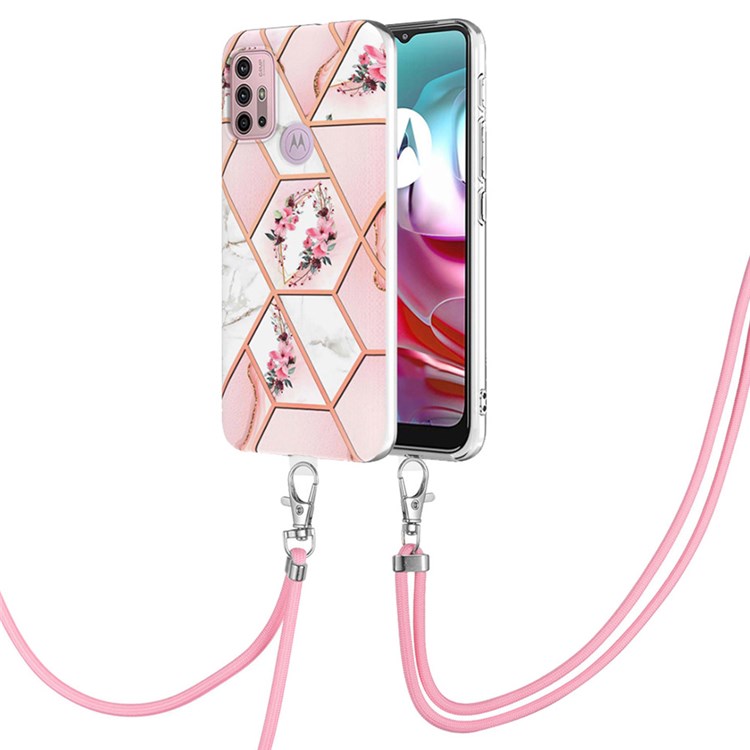 YB IMD Series-4 for Motorola Moto G30/G20/G10/G10 Power TPU Marble Style Mobile Phone Case Electroplating IMD IML Protective Cover with Lanyard - Pink Flowers-1