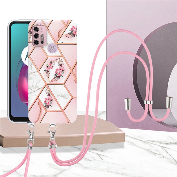 YB IMD Series-4 for Motorola Moto G30/G20/G10/G10 Power TPU Marble Style Mobile Phone Case Electroplating IMD IML Protective Cover with Lanyard - Pink Flowers-2