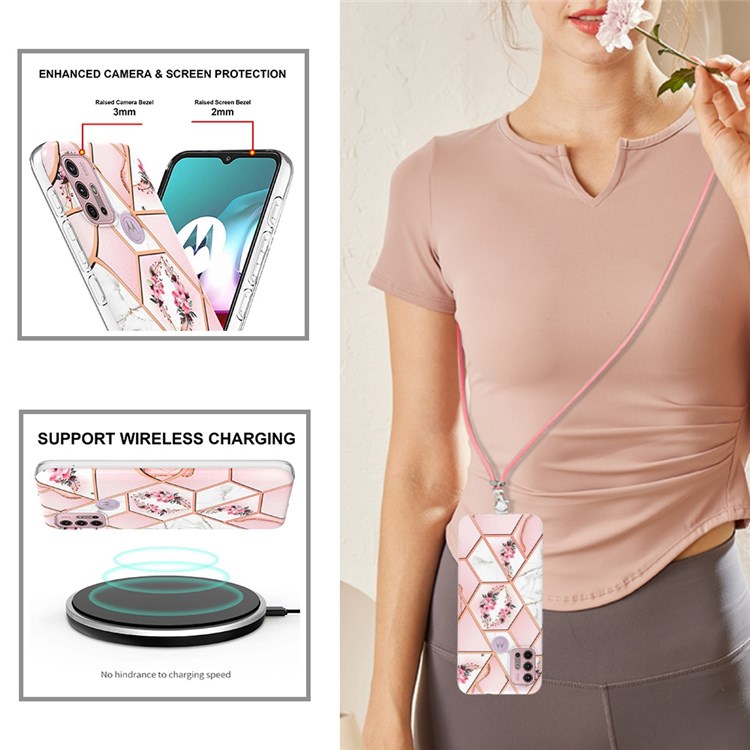YB IMD Series-4 for Motorola Moto G30/G20/G10/G10 Power TPU Marble Style Mobile Phone Case Electroplating IMD IML Protective Cover with Lanyard - Pink Flowers-4