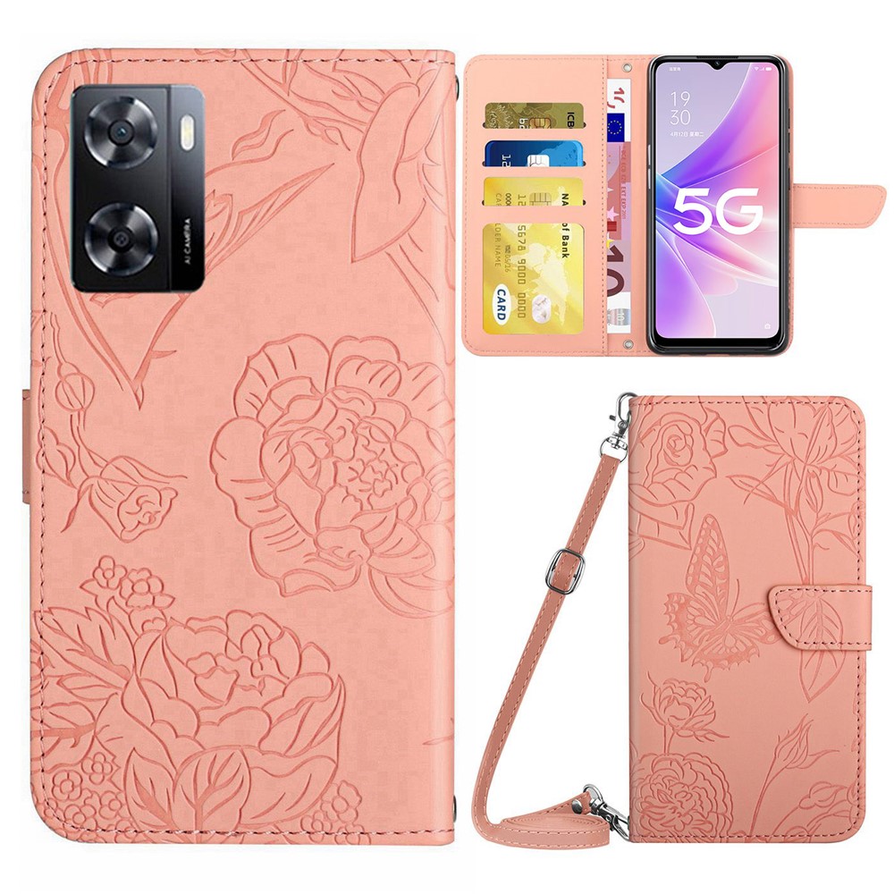 HT03 Skin-touch Phone Case for Oppo A57 (2022) 5G / 4G / A77 5G / 4G / Realme Narzo 50 5G, Butterfly Flowers Imprinting Flip PU Leather Wallet Phone Cover Stand - Pink-1
