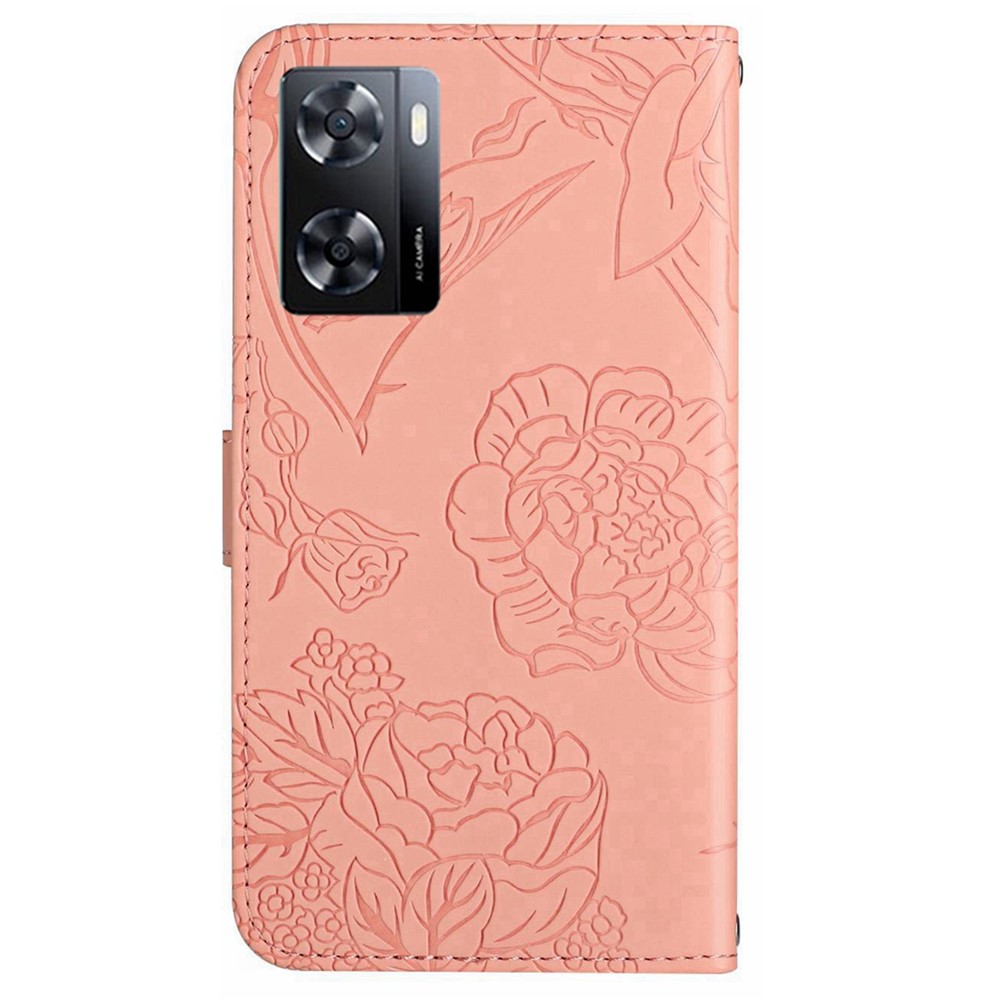 HT03 Skin-touch Phone Case for Oppo A57 (2022) 5G / 4G / A77 5G / 4G / Realme Narzo 50 5G, Butterfly Flowers Imprinting Flip PU Leather Wallet Phone Cover Stand - Pink-11