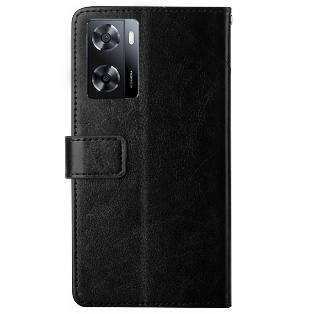 Shockproof Phone Case For Oppo A57 4G / A57 (2022) 5G / A77 5G / 4G / Realme Narzo 50 5G, HT01 Wallet Stand Imprinted Y-Shaped Lines PU Leather Cover with Strap - Black-10