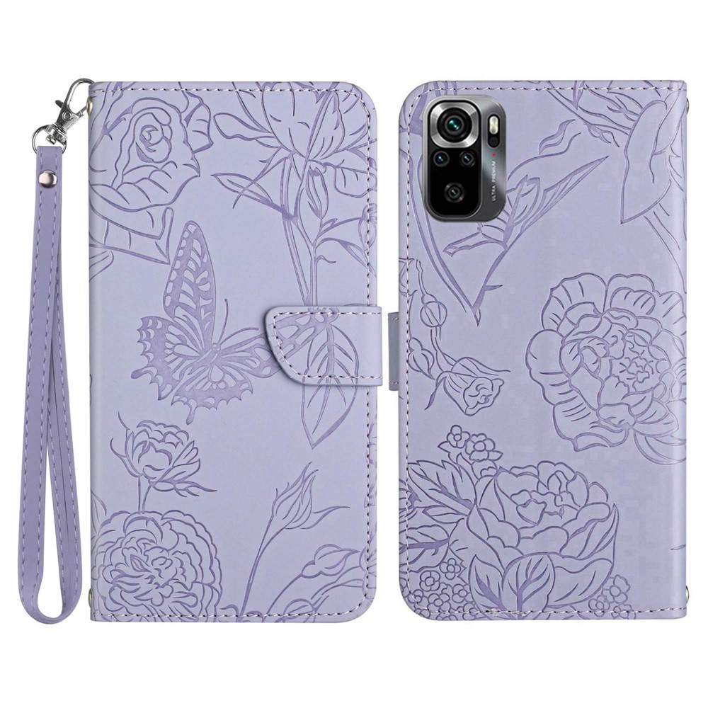 For Xiaomi Poco M5s 4G Skin-touch PU Leather Stand Wallet Cover Imprinting Butterfly Flowers Folio Flip Phone Cover with Hand Strap - Light Purple-1